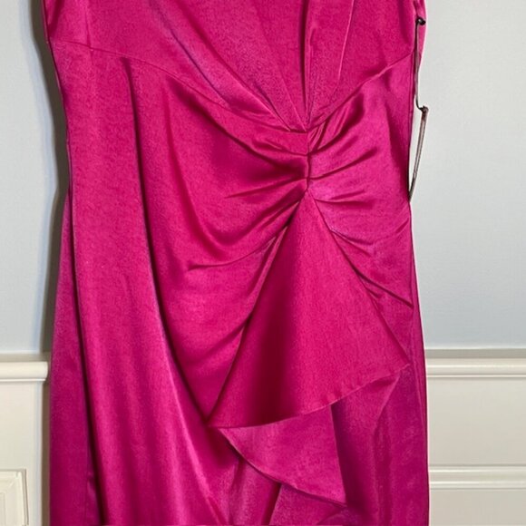 VINCE CAMUTO Satin Cocktail Dress Side Ruched Waist Ruffle Midi NEW NWT 6 - Picture 4 of 10